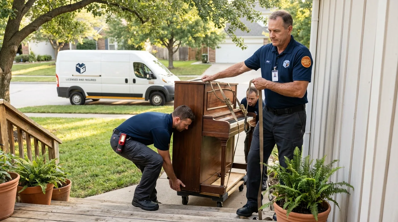 Licensed piano movers securing grand piano in Gramercy, LA