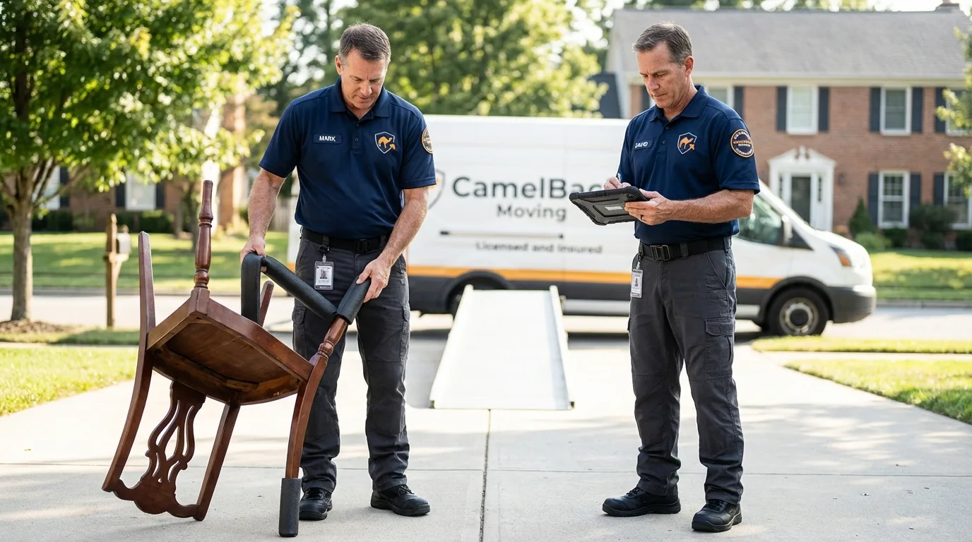 Movers inspecting furniture for damage prevention before loading in Gramercy, LA