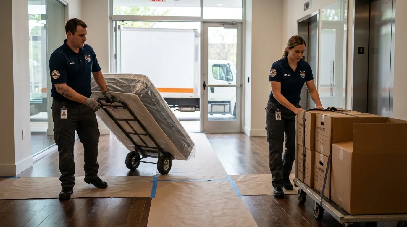 Professional apartment movers loading elevator in Gramercy, LA