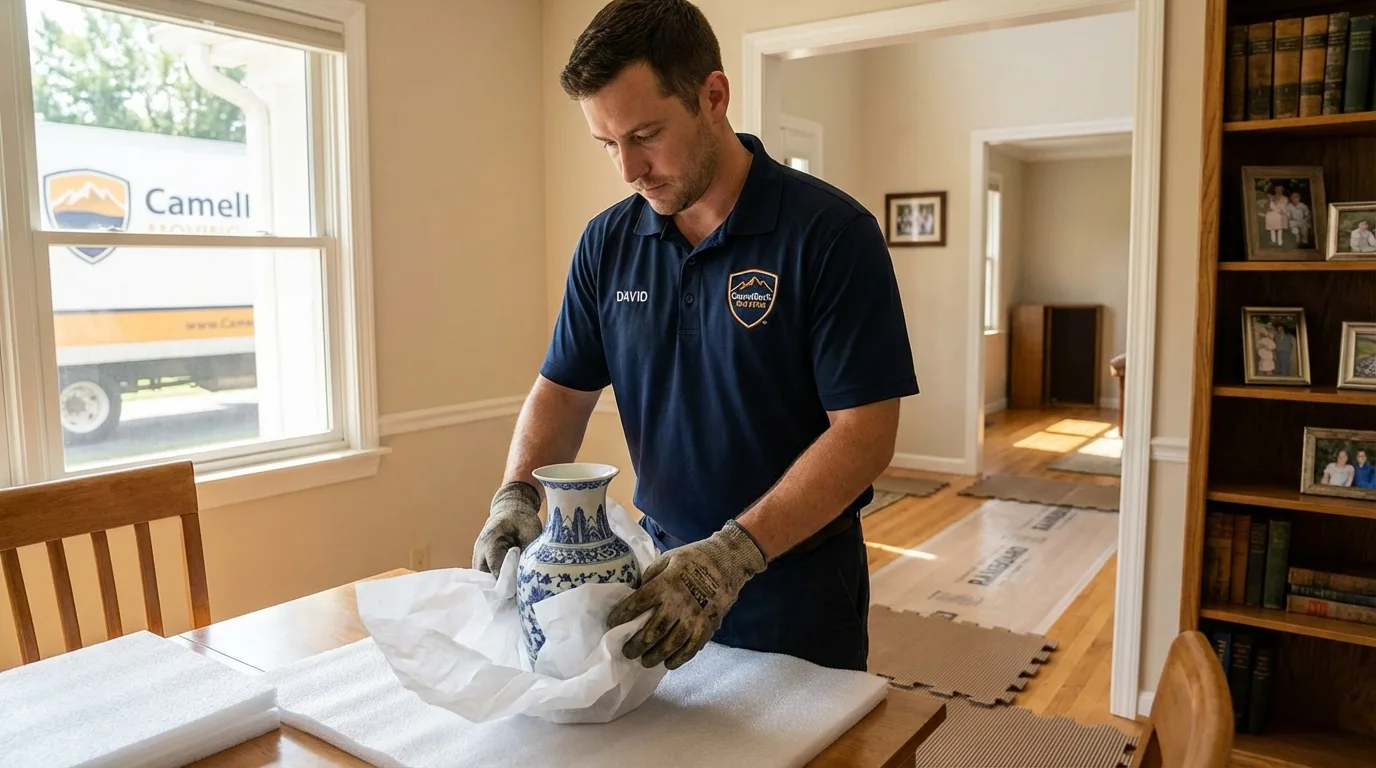 Professional crew carefully wrapping antique vase for senior downsizing move in Gramercy, LA